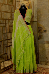 Pista Green Linen saree with Silver Jari border